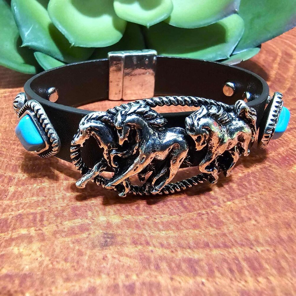Bracelet. Silver Horses, Brown Faux Leather Band, Turquoise Stones. NWT. - Picture 3 of 13